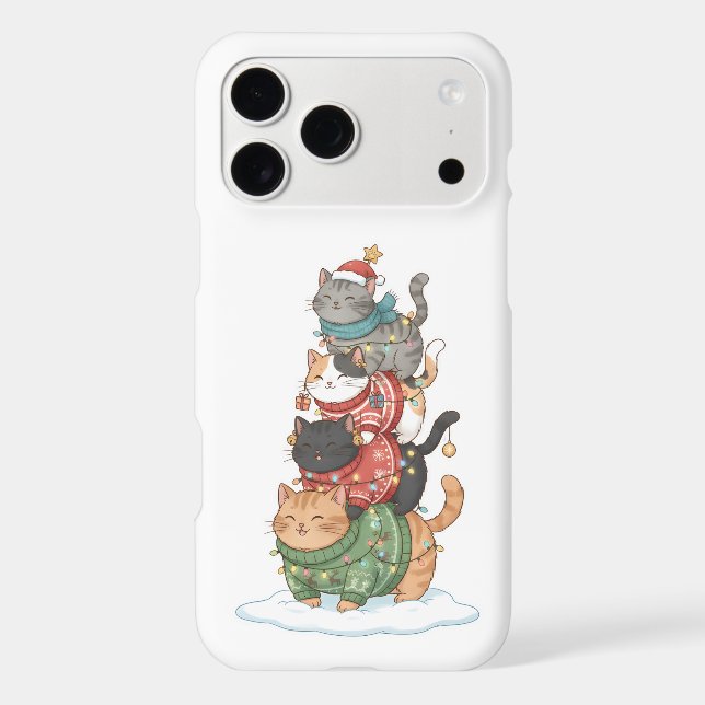 Cute Cat Illustration Art, Kawaii Cat Stack Design iPhone Case (Back)