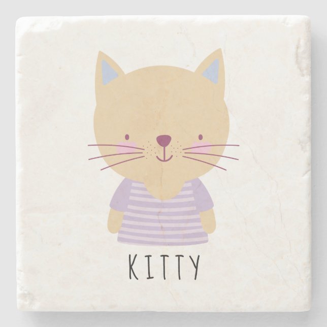 Cute Cat Illustration - Customizable Stone Coaster (Front)