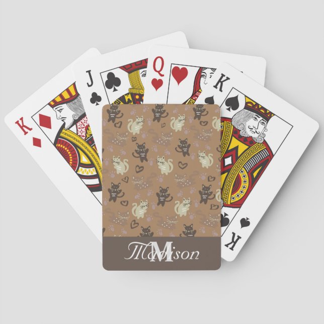 Cute Cat Illustration Doodles Monogram Name Poker Cards (Back)