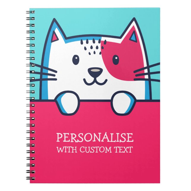 Cute Cat Illustration Pink and Blue Notebook (Front)