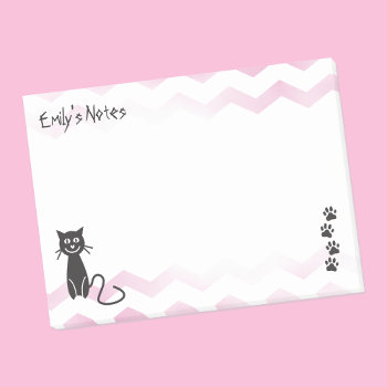 Cute Cat Illustration Pink Zigzags Name Template Post-it Notes by BiskerVille at Zazzle