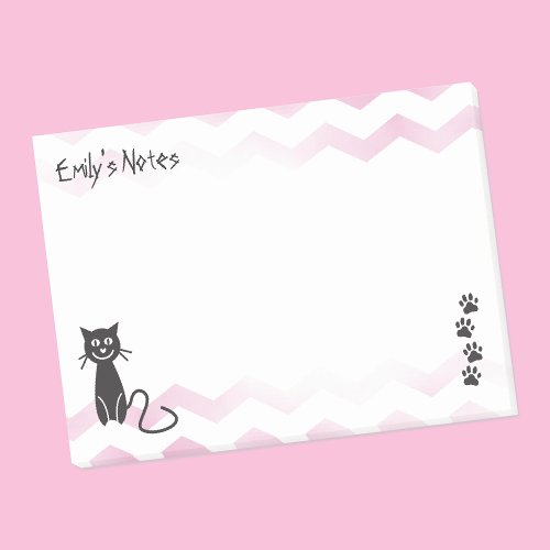 Cute Cat Illustration Pink Zigzags Name Template Post_it Notes