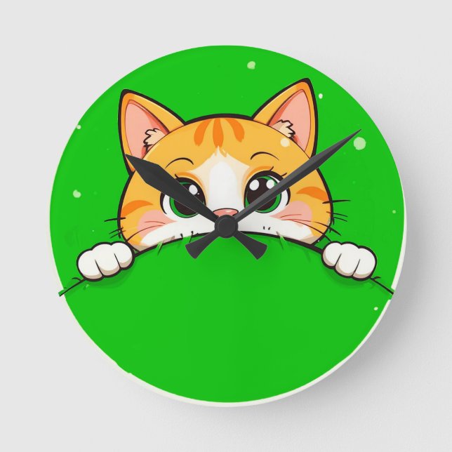 Cute Cat Illustration Round Clock (Front)