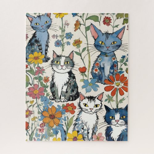 Cute Cat Illustrations with Wildflowers Floral Jigsaw Puzzle