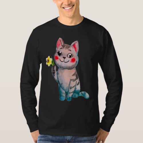 Cute Cat Ilustration And Daffodil March Birth Mont T_Shirt