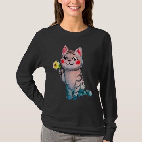Cute Cat Ilustration And Daffodil March Birth Mont T_Shirt