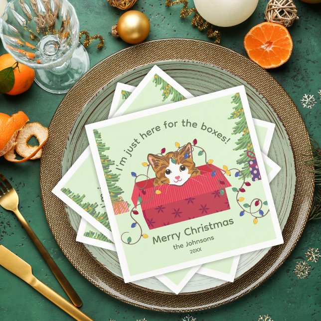 Cute Cat in a Box Here for the Boxes Christmas Napkins (Creator Uploaded)
