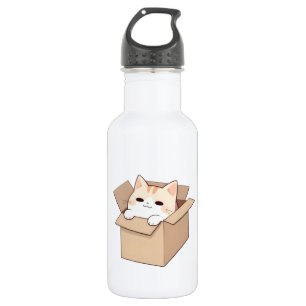 Cute Cat in a Box Kawaii Sticker Design Stainless Steel Water Bottle