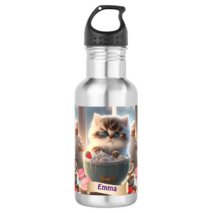Cute Cat in a Cup Personalized Name Kids Stainless Steel Water Bottle