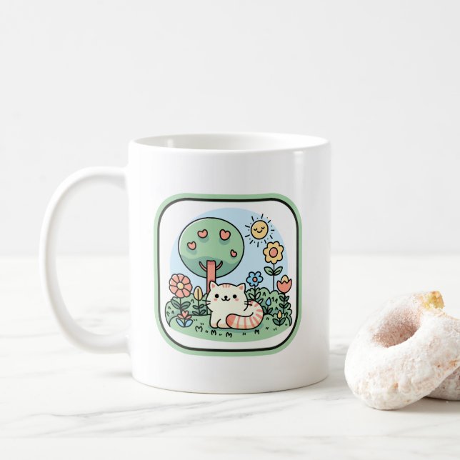 Cute Cat In A Garden Doodle Art Coffee Mug (With Donut)