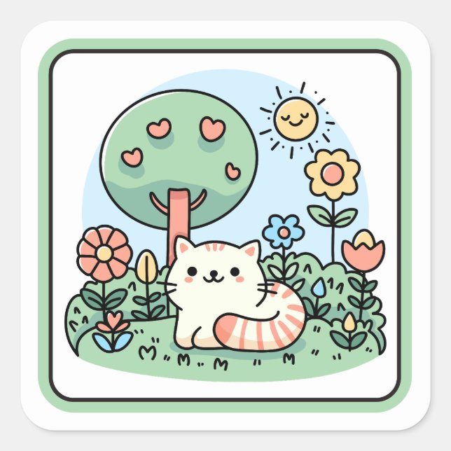 Cute Cat In A Garden Doodle Art Square Sticker (Front)