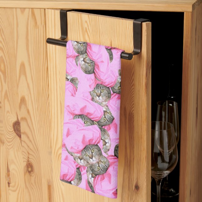 Cute Cat in a Pink Cap Pattern Random Kitchen Towel (Thirds Fold)