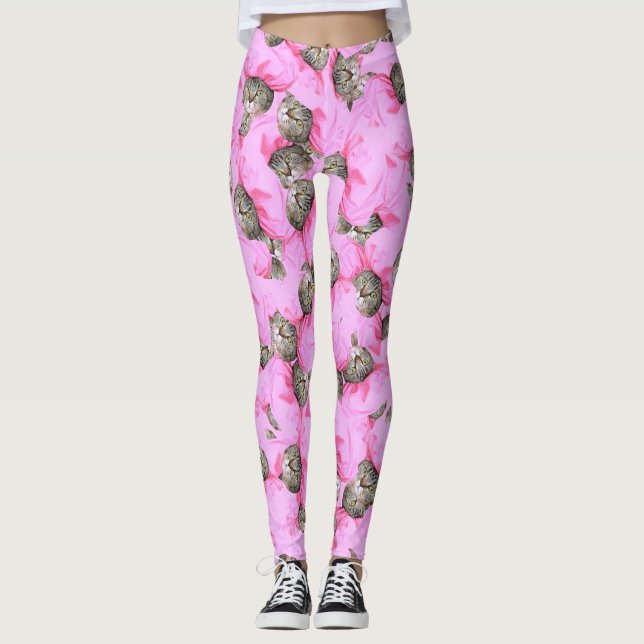 Cute Cat in a Pink Cap Pattern Random Leggings (Front)