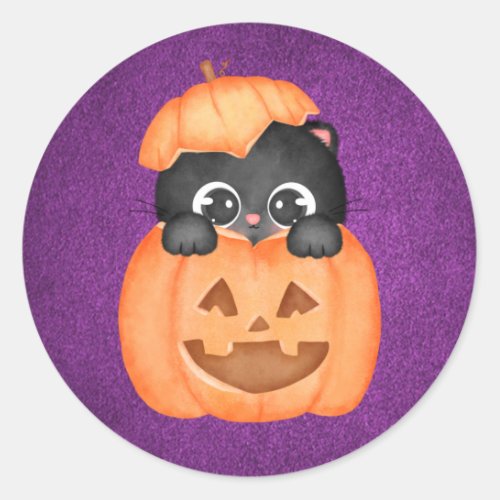 Cute Cat In a Pumpkin Purple Halloween Classic Round Sticker