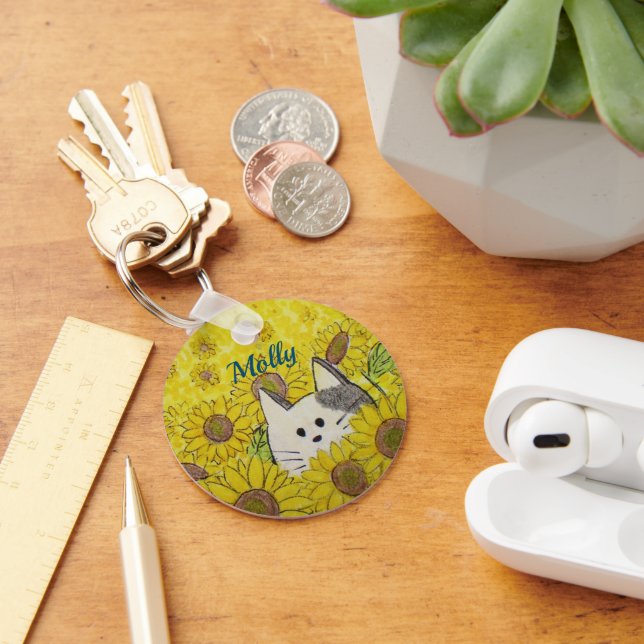 Cute Cat in a Sunflower Field Keychain (Desk)