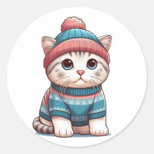 Cute Cat in a sweater and beanie Classic Round Sticker