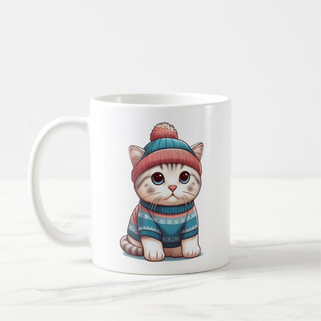 Cute Cat in a sweater and beanie Coffee Mug (Left)