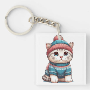 Cute Cat in a sweater and beanie Keychain