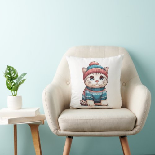 Cute Cat in a sweater and beanie Throw Pillow