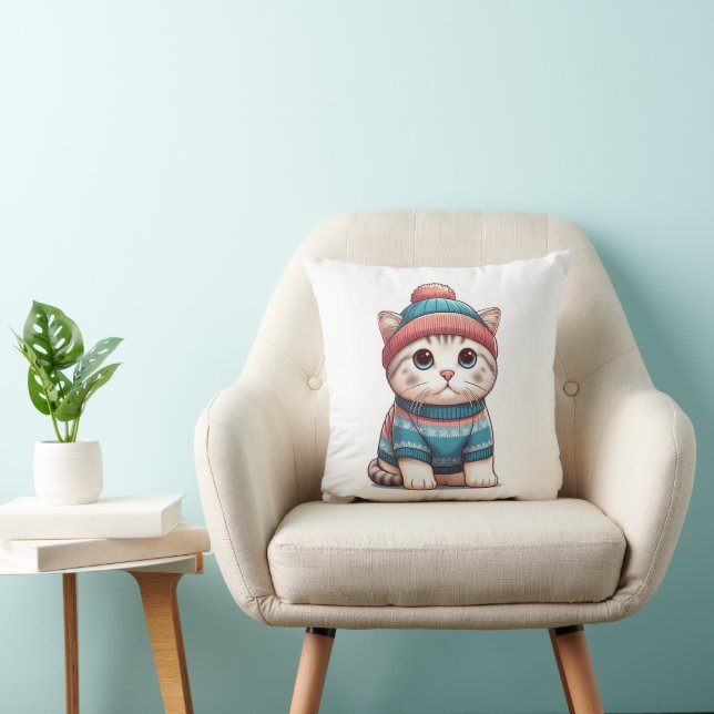 Cute Cat in a sweater and beanie Throw Pillow (Chair)