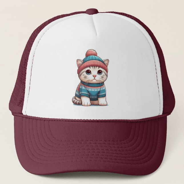 Cute Cat in a sweater and beanie Trucker Hat (Front)