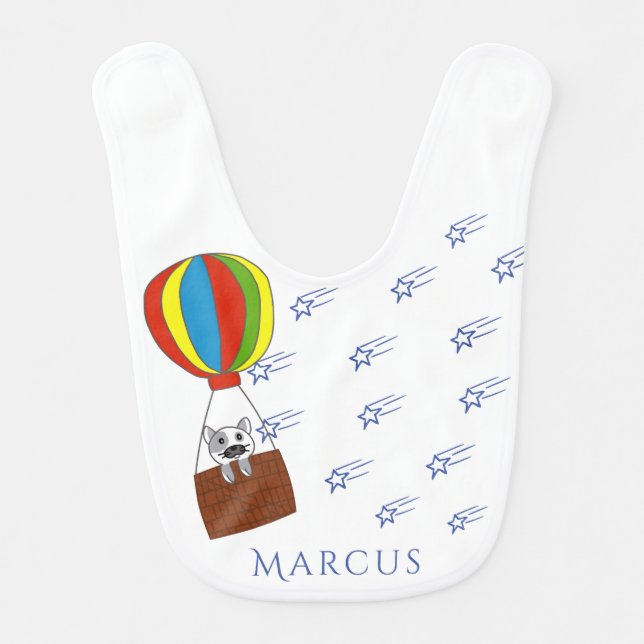 Cute Cat in Air Balloon Stars with Name Baby Bib (Front)