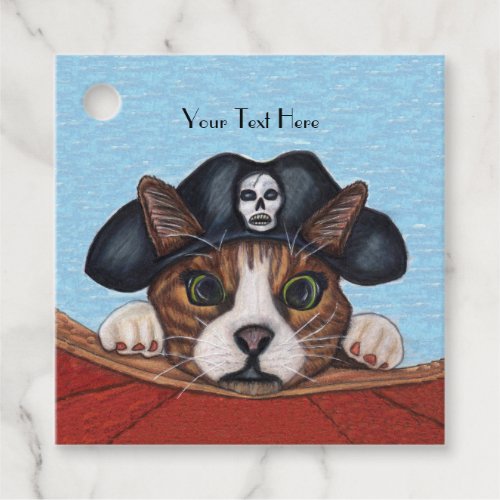 Cute Cat in Black Pirate Hat Skull Red Boat Favor Tags
