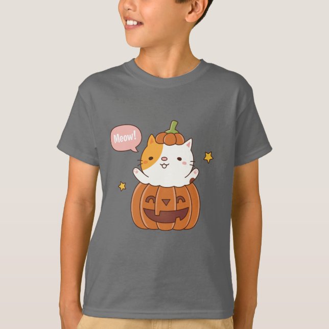 Cute Cat in Carved Pumpkin Happy Halloween T-Shirt (Front)