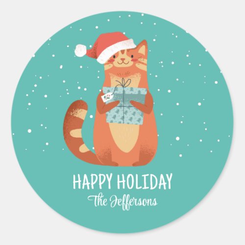 Cute Cat In Christmas Hat Winter Holiday Classic Round Sticker