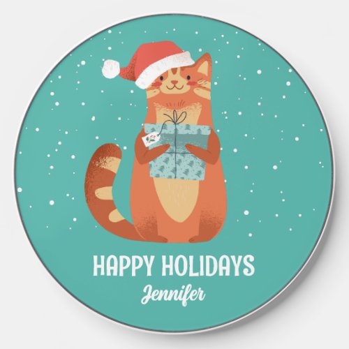 Cute Cat In Christmas Hat Winter Holiday Wireless Charger