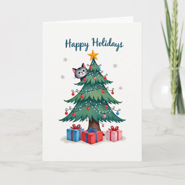 Cute Cat In Christmas Tree Happy Holidays Card (Front)