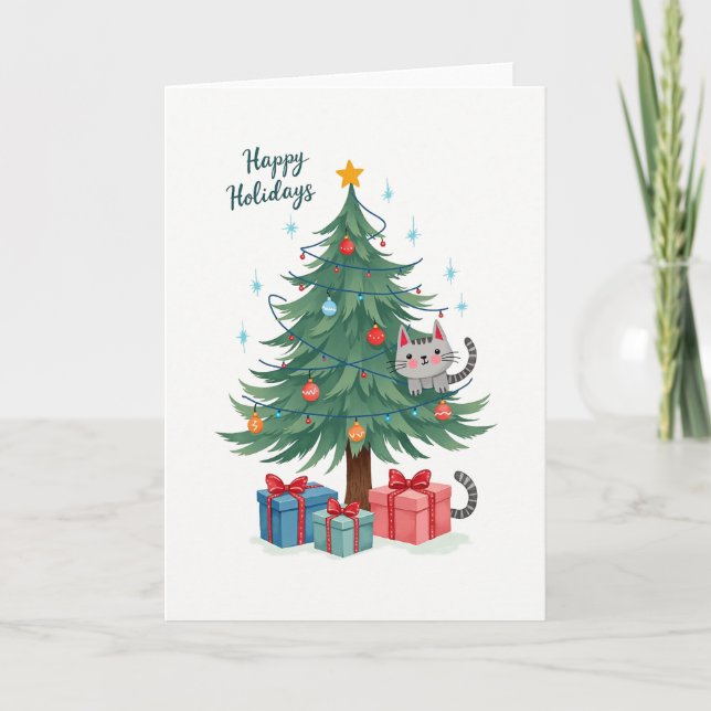 Cute Cat In Christmas Tree Illustrated Card (Front)