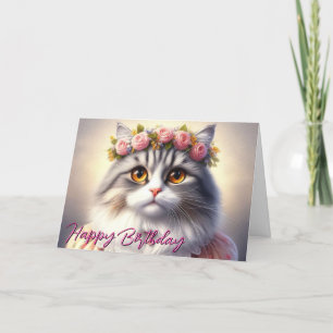 Cute Cat in Dress and Crown Birthday Card