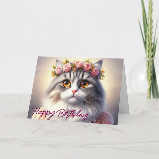Cute Cat in Dress and Crown Birthday  Card (Front)