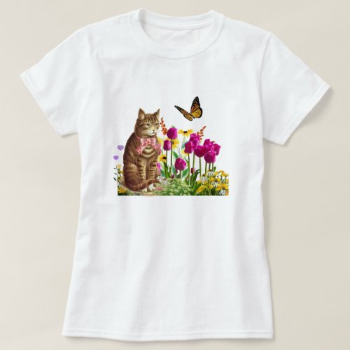 Cute Cat in Flower Garden with Butterfly T_Shirt