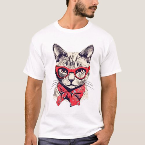 Cute Cat in glasses sticker   T_Shirt