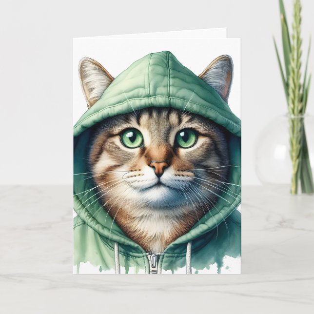 Cute Cat in Green Hoodie Funny Cozy Kitty Blank Card (Front)