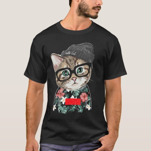 Cute Cat In Hawaii  Knit Hat On Black T_Shirt