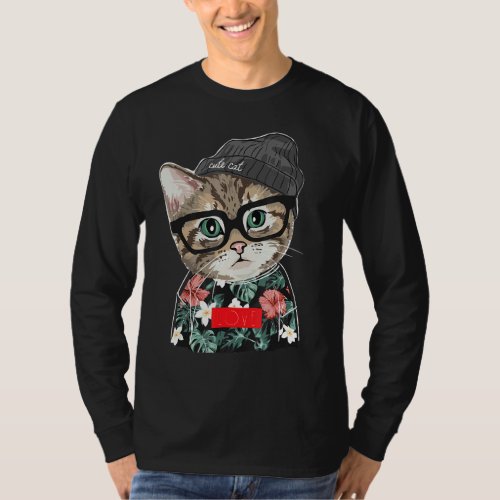 Cute Cat In Hawaii  Knit Hat On Black T_Shirt