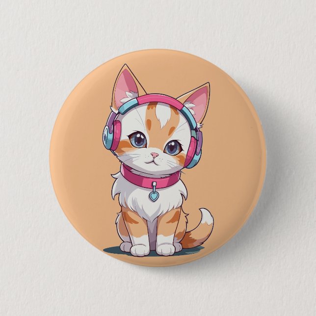 Cute Cat in Headphone Chic Button (Front)