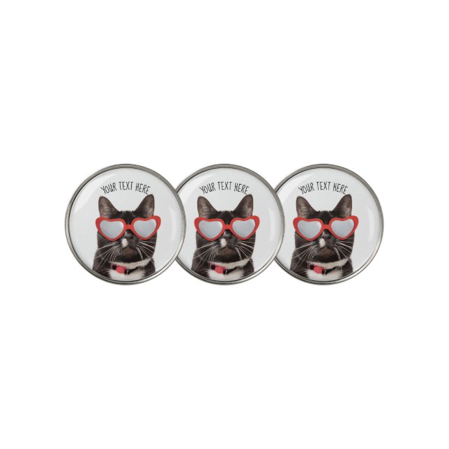 Cute Cat in Heart Glasses Golf Ball Marker (3 Up)