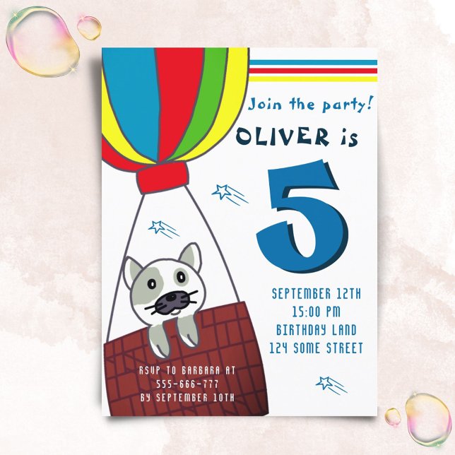 Cute Cat in Hot Air Balloon Boy Birthday Invitation Postcard (Creator Uploaded)