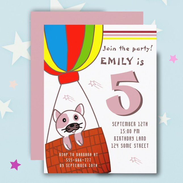 Cute Cat in Hot Air Balloon Girl Birthday  Invitation Postcard (Creator Uploaded)