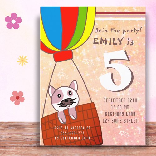 Cute Cat in Hot Air Balloon Glitter Girl Birthday Invitation Postcard