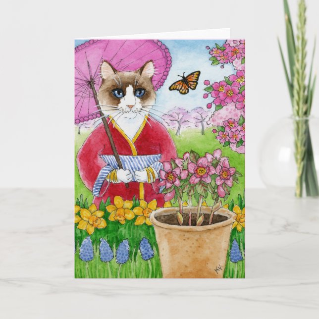 Cute cat in Japanese Spring garden greeting card (Front)
