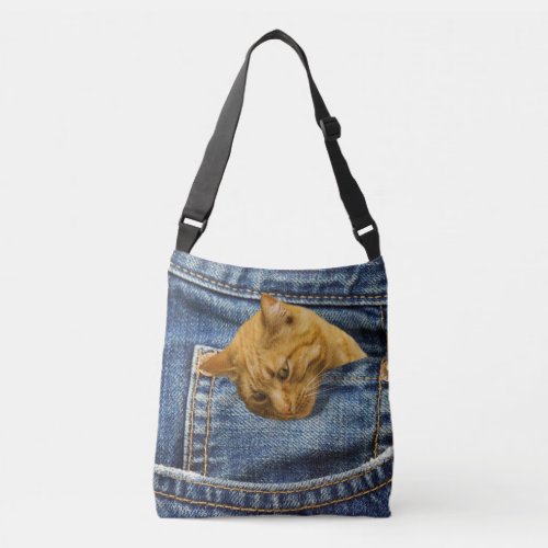 Cute cat in jeans pocket funny illusion crossbody bag