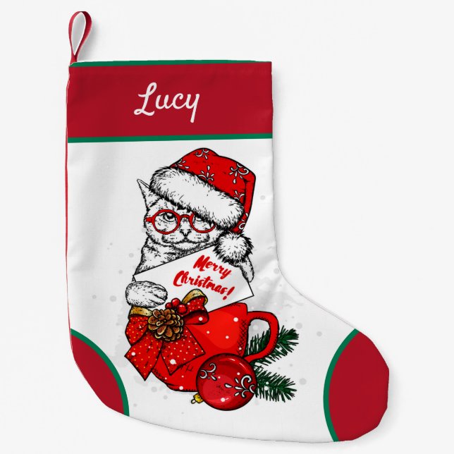 Cute cat in mug small christmas stocking (Front)