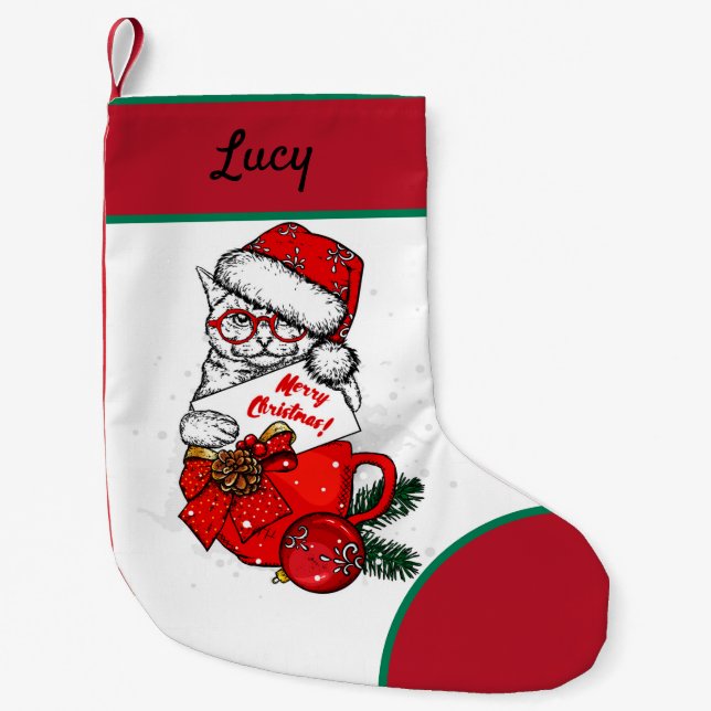 Cute cat in mug small christmas stocking (Front)