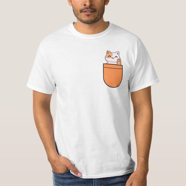Cute Cat in Orange Pocket T-Shirt (Front)