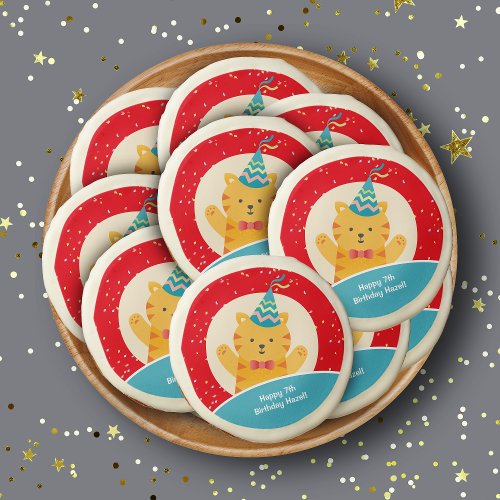 Cute Cat in Party Hat Kids Red Happy Birthday Sugar Cookie